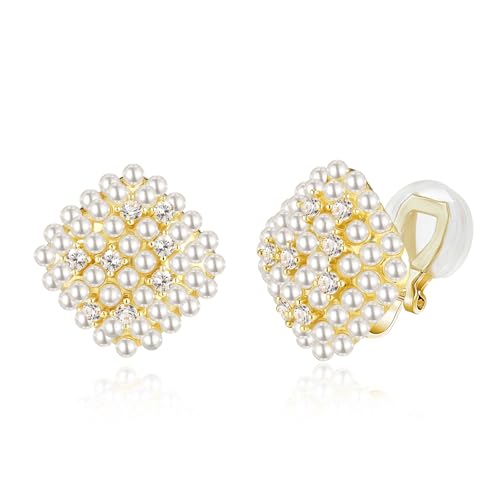 YOQUCOL Simulated Pearl Flower-Cluster Shape Clip On Stud Earrings Non Pierced Ear Earrings for Women - color: Rhombic
