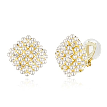YOQUCOL Simulated Pearl Flower-Cluster Shape Clip On Stud Earrings Non Pierced Ear Earrings for Women - color: Rhombic
