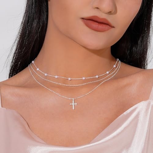 Layered Necklaces for Women | 14K Gold Plated Stackable Choker Necklace Set - Dainty Jewelry Gift - style: 3PCS-Silver Cross layered necklaces