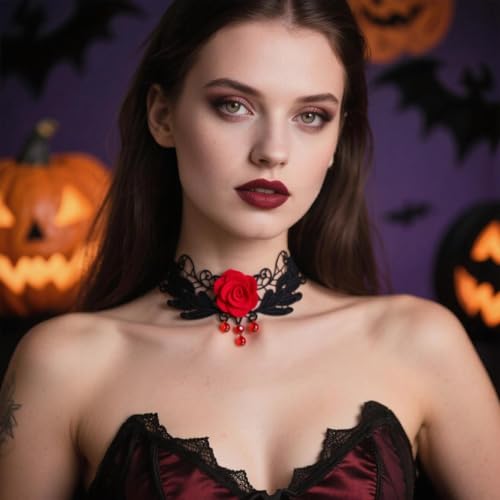 Goth Black Choker Necklace Crystal Bead Pendant Necklace for Women Gothic Velvet Lace Choker Halloween Vampire Witch Cosplay - color: C-Black and Red