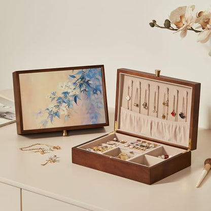 Walnut Wooden Jewelry Box for Women, Magnolia Oil Painting Decor | Small Jewelry Organizer,7 Necklace Hooks, Velvet-Lined, For Watches Rings Earrings Necklace Bracelets, Ideal Gift for Her - style: 1 Layer B