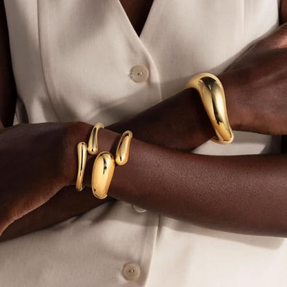 M MOOHAM Chunky Gold Bangle Bracelets for Women, Dainty 14k Gold-Plated Thicker Statement Bangles Twist Cuff Bracelet Set Stack for Women Non Tarnish Trendy Jewelry Gifts - color: 04. Wave & Drops Bangles-3PCS