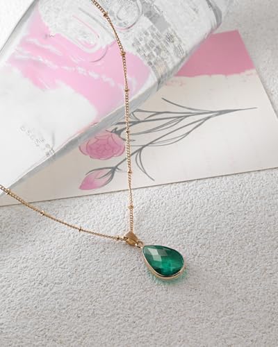 14K Gold Plated Emerald Teardrop Necklace Crystal Pendant Necklace for Women Classic Green Jewelry for Mothers Gift