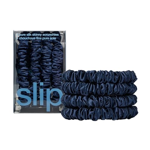 Slip Silk Hair Ties — Skinny Silk Navy Scrunchies, No Damage, No Crease, Anti-Breakage |100% Mulberry Silk | All Hair Types | Made with Proprietary Slipsilk™ | Set of 4 - color: Navy