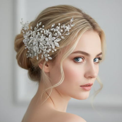 Crystal Bride Wedding Hair Comb Pearl Flower Bridal Hair Piece Hair Accessories for Women and Girls | Wedding Hair Clip for Brides, Handmade Pearl Hair Comb, Rhinestone Bridal Hair Accessories, Bridal Hair Piece for Women