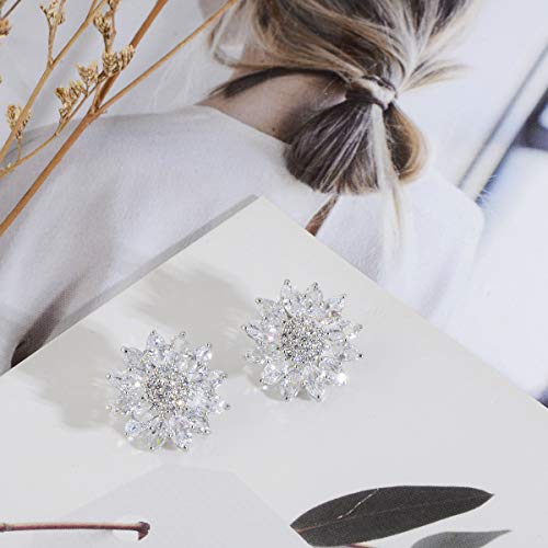 Crystal Flower Burst Stud Earirings - Big Sterling Silver CZ Cubic Zirconia Rhinestone Daisy Sunflower Floral Cluster Studs Bridal Wedding Party Prom Costume Jewelry for Bride Bridesmaids Women Birthstone Birthday Gift - color: Silver