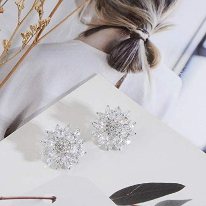 Crystal Flower Burst Stud Earirings - Big Sterling Silver CZ Cubic Zirconia Rhinestone Daisy Sunflower Floral Cluster Studs Bridal Wedding Party Prom Costume Jewelry for Bride Bridesmaids Women Birthstone Birthday Gift - color: Silver
