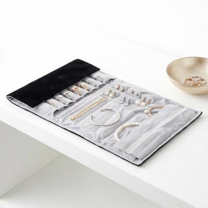 jojofuny Velvet Jewelry Pouch for Traveling Roll up Bag Multiple Independent Compartments, Soft Velvet Protection and Rollup Structure, Jewelry Organizer for Necklaces and Earrings