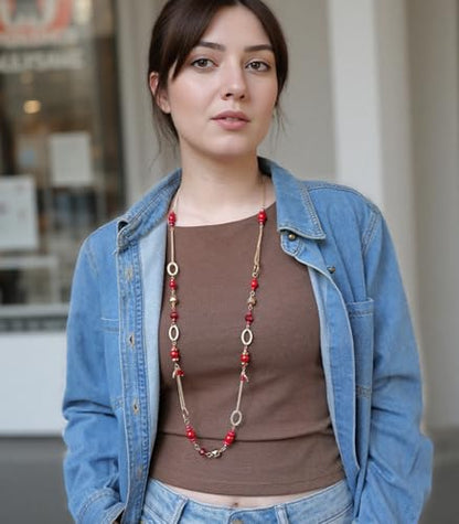 Long Gold Boho Necklaces for Women Beaded Statement Chain Long Necklace Gold Costume Jewelry Birthday Gifts for Her - color: Dark Red