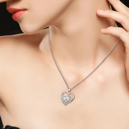 Sterling Silver Mom Heart Pendant Necklace for Women- Classic Adjustable Double Love Heart-Shaped Charm Necklace Hypoallergenic Cubic Zirconia Fashion Jewelry Gifts for Wife Mother
