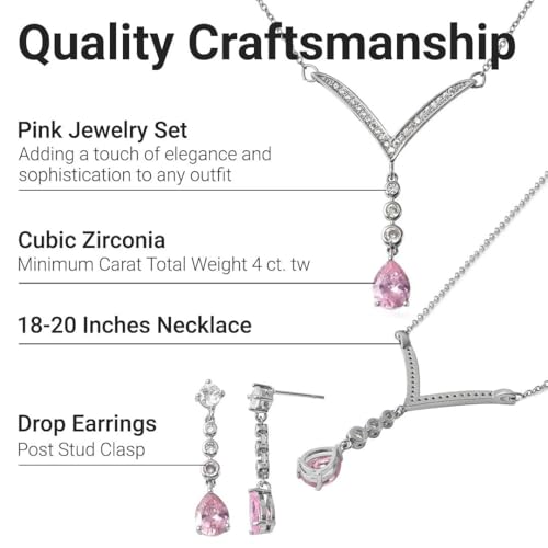 SHOP LC DELIVERING JOY Bridesmaid Pink Jewelry Set for Women Earrings Necklace Cubic Zirconia CZ Platinum Plated Wedding Women 18" Birthday Gifts