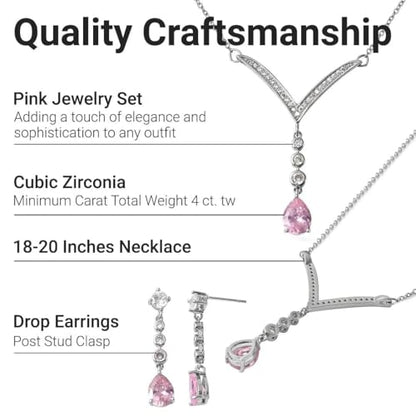 SHOP LC DELIVERING JOY Bridesmaid Pink Jewelry Set for Women Earrings Necklace Cubic Zirconia CZ Platinum Plated Wedding Women 18" Birthday Gifts