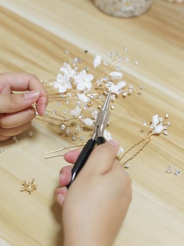Rhinestone Pearl Hair Pins, 6 Pcs 3D Pinch White Flower Bridal Handmade Sparkling Fairy Bride Wedding Hair Pieces Leaf U Shaped Hair Accessories Headpiece Bridesmaids Women Girls Gold - color: Gold / Rhinestone White Flower