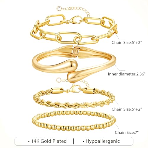 M MOOHAM Chunky Gold Bangle Bracelets for Women, Dainty 14k Gold-Plated Thicker Statement Bangles Twist Cuff Bracelet Set Stack for Women Non Tarnish Trendy Jewelry Gifts - color: 03. Chain Bracelets&Bangle-4PCS