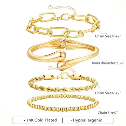 M MOOHAM Chunky Gold Bangle Bracelets for Women, Dainty 14k Gold-Plated Thicker Statement Bangles Twist Cuff Bracelet Set Stack for Women Non Tarnish Trendy Jewelry Gifts - color: 03. Chain Bracelets&Bangle-4PCS