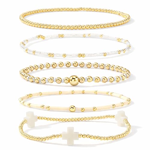 Gold Bracelets for Women, Beaded Cross Stack, Non Tarnish Set，Set-1 | Gold Beaded Bracelet Stack with Stretch Fit, Waterproof Finish and Dainty Design for Everyday Wear and Gifts - color: Colors-8