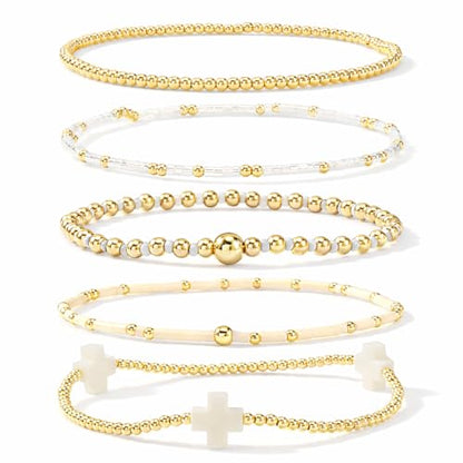 Gold Bracelets for Women, Beaded Cross Stack, Non Tarnish Set，Set-1 | Gold Beaded Bracelet Stack with Stretch Fit, Waterproof Finish and Dainty Design for Everyday Wear and Gifts - color: Colors-8