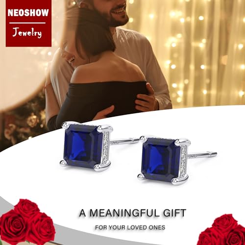 Asscher Cut Cubic Zirconia Stud Earrings for Men Women | Square CZ Simulated Diamond Studs, 18K White Gold Plated Sterling Silver - color: Blue, size: 5MM