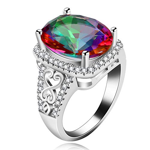 Uloveido White Gold Plated Big Oval Multicolor Cubic Zirconia Crystal Anniversary Cocktail Rings for Women Y585