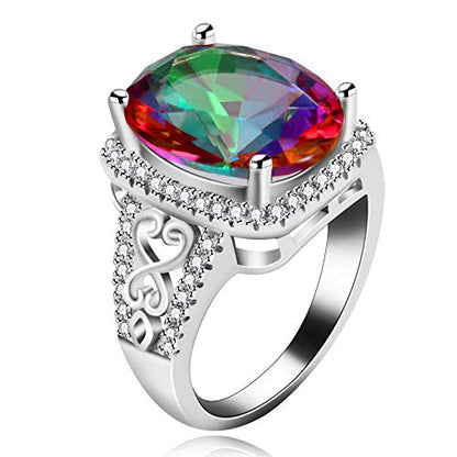 Uloveido White Gold Plated Big Oval Multicolor Cubic Zirconia Crystal Anniversary Cocktail Rings for Women Y585
