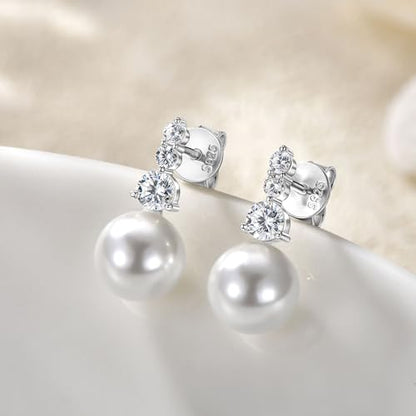 925 Sterling Silver Pearl Drop Earrings for Women, June Birthstone Long Dangle Pearl Jewelry Gifts for Her - color: 7.5-8mm Silver