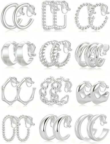 12 Pairs Clip on Hoop Earrings for Women 14K Gold Plated Chunky Clip on Earrings CZ Tube Twist Croissant Bamboo Round Geometric No Piercing Ear Clips Set Trendy Fake Earrings Jewelry - color: Silver