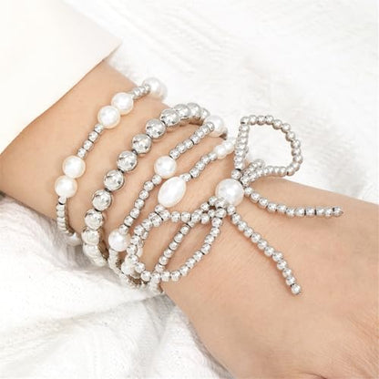 COLORFUL BLING Bow Bowknot Faux Pearl Beaded Ball Stretch Bracelet for Women Friend Jewelry Gift Adjustable Stackable Bracelet - color: B bow silver
