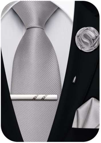 Solid Color Tie and Pocket Square with Tie Clip Lapel Pin Silk Formal Necktie Set Wedding Formal - color: Silver