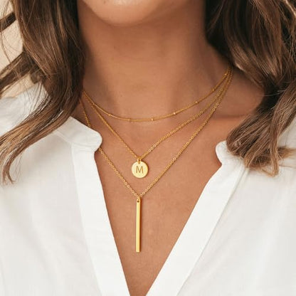 Initial Layered Necklaces for Women, 14K-Gold-Plated Coin Letter Necklace Bar Stacking Layer Necklace Multi Bar Layering Y-Necklaces Jewelry for Women - color: 14K-Gold-Plated, style: A"