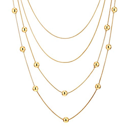 COOLSTEELANDBEYOND Statement Necklace Waterfall Multi-Strand Layered Long Chains with Ball Charm Pendant - color: A-Color: 18K Gold-Plated