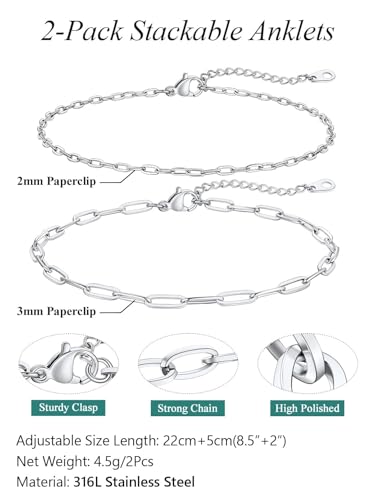 FaithHeart Waterproof Ankle Bracelets for Women, 1/2/3Pcs Non Tarnish Stainless Steel Layered Anklet Set Paperclip Figaro Cuban Link Chain Dainty Summer Beach Jewelry Gift Adjustable Size - style: e.Paperclip 2Pcs - Silver