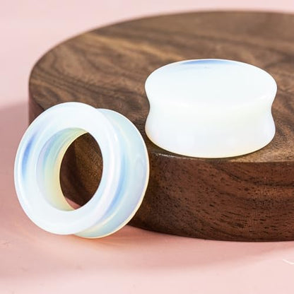 Opal Ear Gauges Set 4 Pcs Solid & Hollow Synthetic Stone Plugs | Icy blue opal stone, hypoallergenic for sensitive ears, double flare, sizes 00G to 1 inch, gift-ready black box with logo - size: Gauge=7/8"(22MM)
