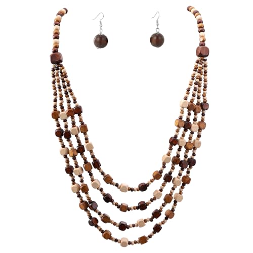 Wood Beads Necklace & Earrings for Women Chunky Multi-Layering Choker Necklace Ear Pendant - color: C