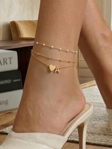 Ankle Bracelets for Women Waterproof 14K Gold/Silver/Black Initial Anklet for Women Dainty Layered Heart Ankle Bracelets Stainless Steel Adjustable Foot Chain Anklet Summer Beach Jewelry - color: A-Gold