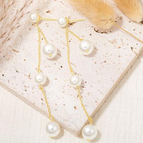 Long Chain Pearl Dangle Earrings for Women | 4Pcs Pearls, 14K Gold Plated, Dainty Tassel Drop, Lightweight Pearl Dangly Earring, Wedding Jewelry Gifts - color: Gold-Round