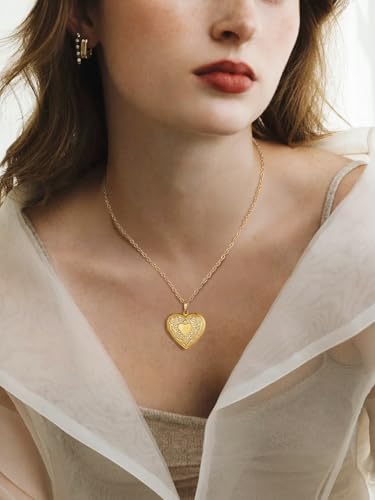 FindChic Locket Necklace for Women Custom Photo Memorial Gifts 4 Colors | Silver/Black/Rose Gold/Gold Plated Personalized for Loved Ones, Birthday Valentine's Day Keepsake - style: 13. Heart Pattern (DIY)-Gold