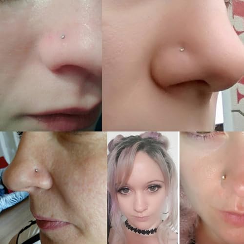 6-Piece Nose Piercing Studs Set, 20G Stainless Steel Nose Studs, 3mm Crystal Heart Star Round Shapes, 0.8x7mm Bone - color: Red
