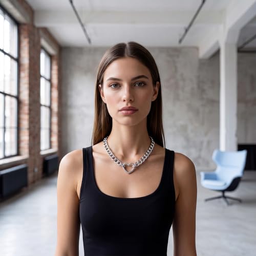 Stainless Steel O Ring Choker Necklace for Women Men Chunky Cuban Chain Collar Punk Statement Jewelry Gift for Edgy Streetwear & Aesthetic Outfits - color: Silver 1 heart