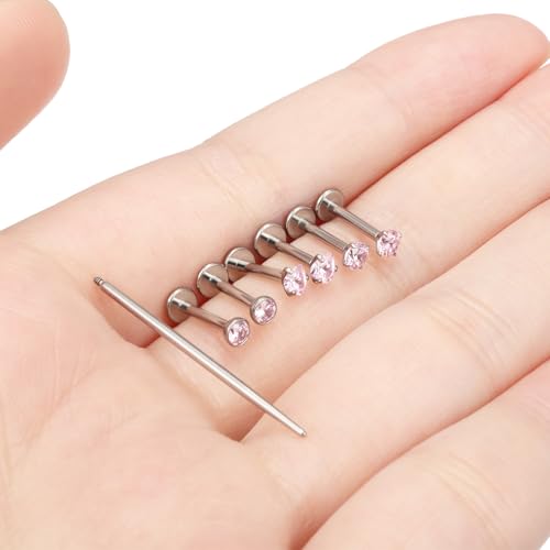 20G 18G 16G F316 Titanium Flat Back Nose Rings Studs Hypoallergenic Screw on Tragus Helix Cartilage Earrings Stud Piercing Jewerly for Women Men Bars 6mm - style: 16G Flat Back Nose Studs-bars 8mm-Pink CZ