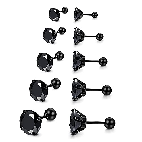 Stud Earrings Set 316L Stainless Steel Hypoallergenic Earrings for Women Men Earrings 3-7mm Cubic Zirconia Earrings Tragus Cartilage Helix Lobel Ear Studs 20G,Pack of 5 Pairs - color: C03:5Pairs(BLACK)