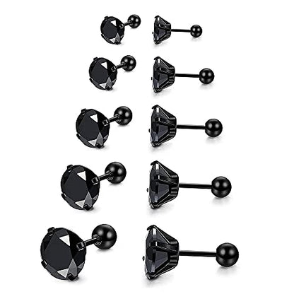 Stud Earrings Set 316L Stainless Steel Hypoallergenic Earrings for Women Men Earrings 3-7mm Cubic Zirconia Earrings Tragus Cartilage Helix Lobel Ear Studs 20G,Pack of 5 Pairs - color: C03:5Pairs(BLACK)