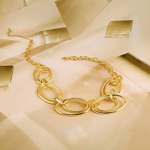 Gold Chunky Necklace for Women: Double Oval Link Statement Choker Necklace | 14k Gold Plated Loop Chain Trendy Fashion Jewelry for Daily Holiday Party - color: Gold