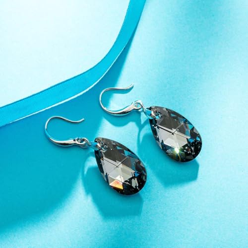Austrian Crystal Teardrop Dangle Hook Earrings for Women 14K Gold Plated Hypoallergenic Jewelry - color: Grey-Black