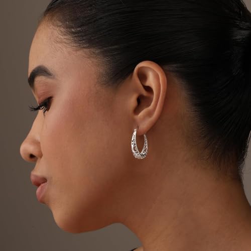 LeCalla 925 Sterling Silver Chunky Hoop Earrings | Filigree Heart Hoop Earrings for Women | Oval & Round Mesh Filigree Click-Top Hoops Earring | Hypoallergenic Earrings for Women - color: Silver Oval Heart Filigree 28MM