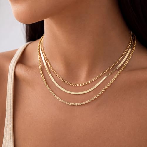 Layered Necklaces for Women, 3 Chain Choker Set, 14k Gold/Silver Plated | 3 Detachable Strands, 7+ Ways to Wear, Tangle Free Design, Herringbone Rope Curb Textures, Tarnish Resistant - color: Gold