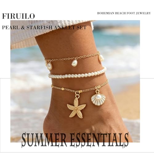 Beach Anklets for Women Pearl Anklet Set Shell Starfish Pendant Anklets Layered Foot Chain Jewelry