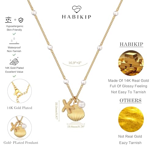 Shell Starfish Charm for Women, Dainty Layered 14K Gold Plated Seashell Conch Starfish Pearl Pendant Necklace for Women Stack Trendy Beach Cuban Link CZ Chain Necklace Summer Vacation Jewelry - color: Shell Starfish Pearl Necklace