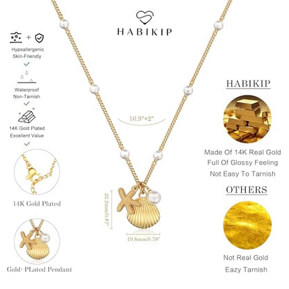 Shell Starfish Charm for Women, Dainty Layered 14K Gold Plated Seashell Conch Starfish Pearl Pendant Necklace for Women Stack Trendy Beach Cuban Link CZ Chain Necklace Summer Vacation Jewelry - color: Shell Starfish Pearl Necklace