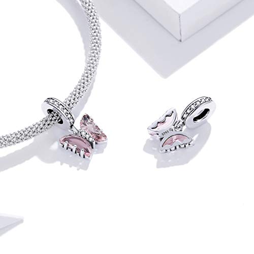 Hummingbird Charms For Bracelets 925 Sterling Silver Animal Dangle & Beads Butterfly Cat Beads Charms For Women Jewelry Gift - color: pink butterfly