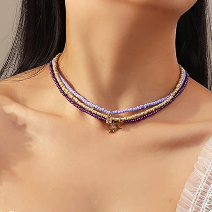 Handmade Multilayered Rainbow Colorful Beads Link Chain Moon Star Butterfly Pendant Choker Necklace Friendship Creative Beach Costume Jewelry for Women - color: Purple